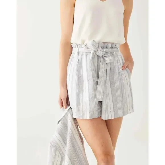 VOYAGEUR By MERSEA Como Shorts Multi Striped Linen Belted Paperbag NWT